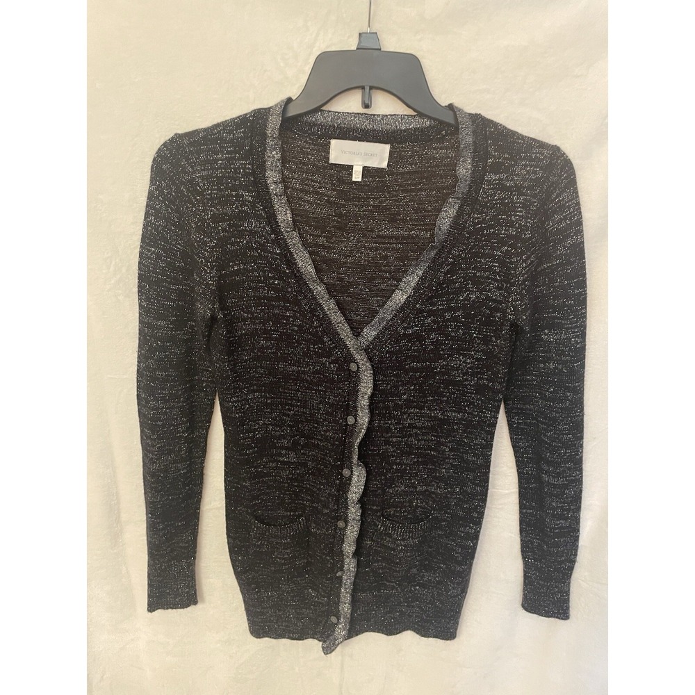 Victoria's Secret Black Silver‎ Metallic Shimmer Cardigan Pockets Size MEDIUM